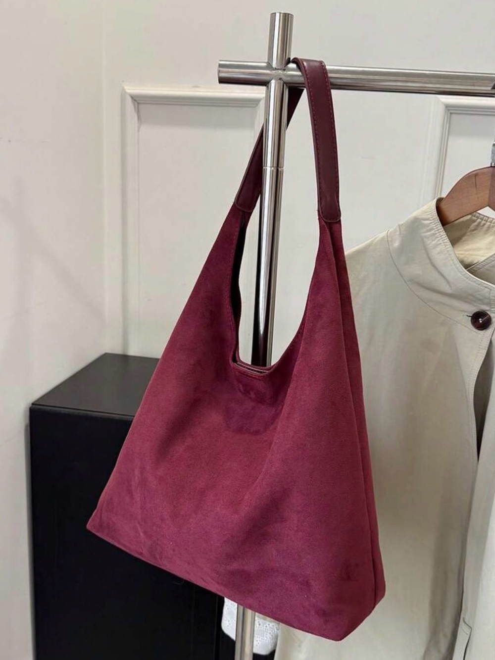 Suede Slouch Shoulder Bag in Burgundy - Stylish Everyday Tote
